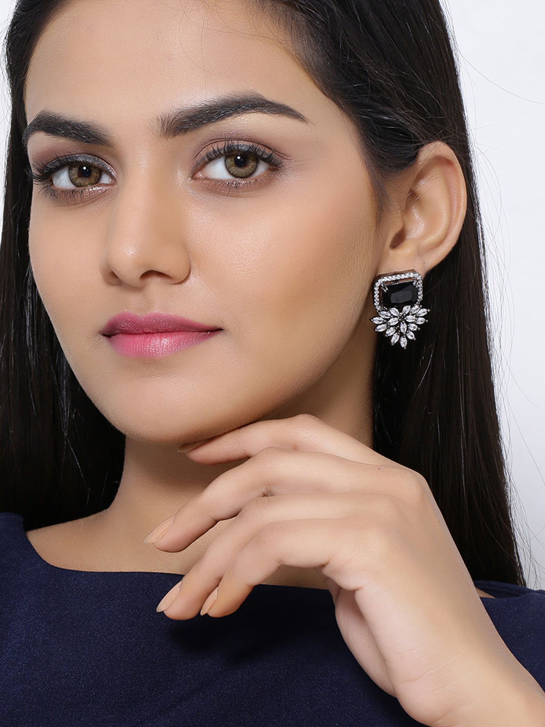 Shoshaa Silver-Plated & Black CZ Studded Contemporary Drop Earrings | Grab2Buy