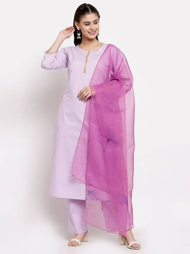 Myshka Women's Light Purple Cotton Solid 3/4 Sleeve Round Neck Casual Kurta Pant Dupatta Set | Grab2Buy