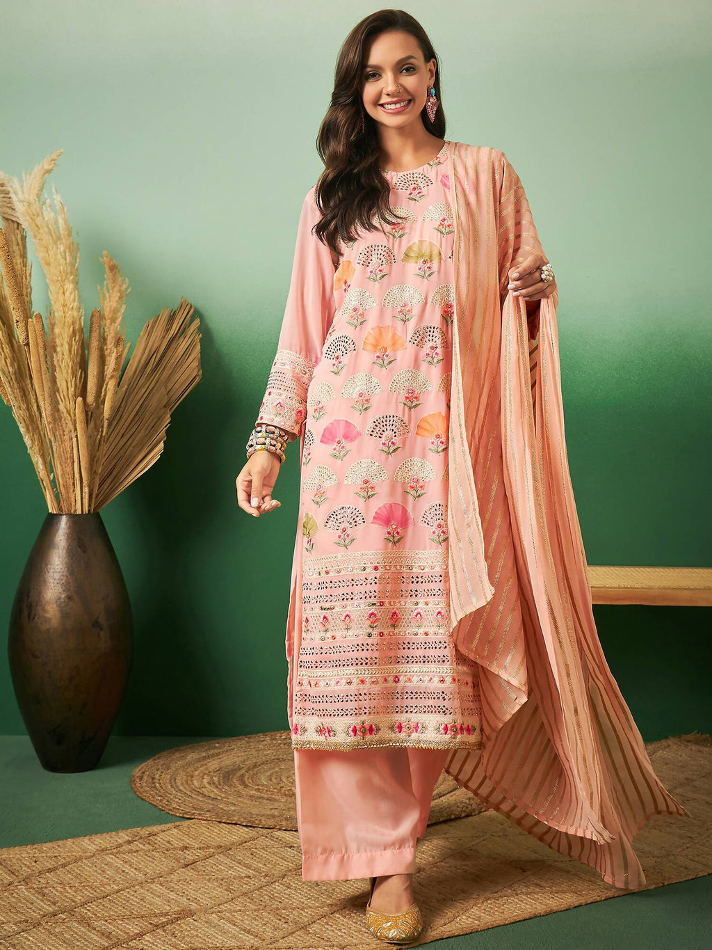 Peach Georgette Handwork Unstitched Dress Material - Hanika | Grab2Buy