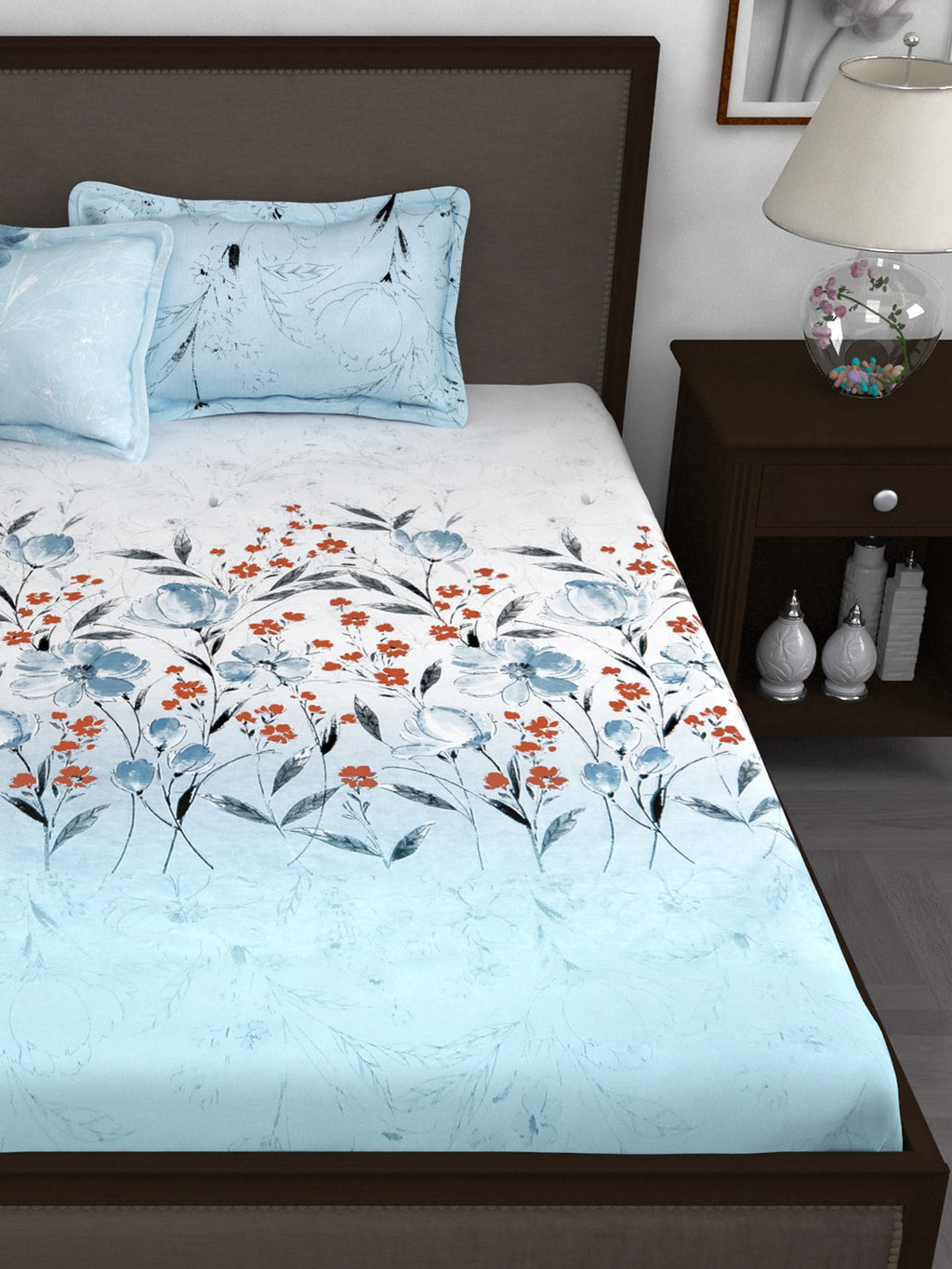 Story@home White & Blue Floral 210 TC Cotton 1 King Bedsheet with 2 Pillow Covers | Grab2Buy
