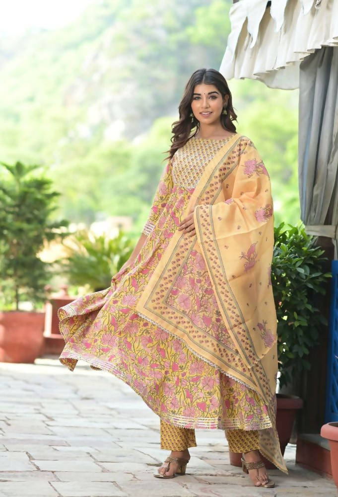 Yufta Women Yellow Floral Printed Pure Cotton Anarkali Kurta with Trouser & With Dupatta | Grab2Buy