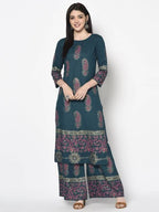Aniyah Rayon Teal Blue Color Block Print Flared Slip-On Palazzo (AN-222K) | Grab2Buy