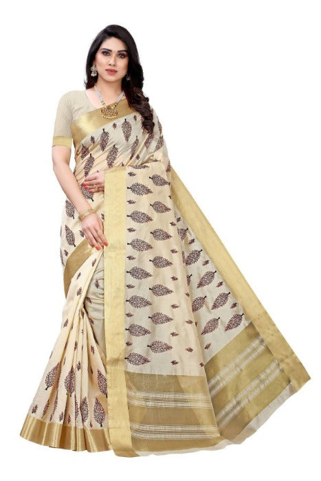 Vamika Cotton Polyester Silk Weaving Cream Saree (KERALA CRISMISTMAS) | Grab2Buy
