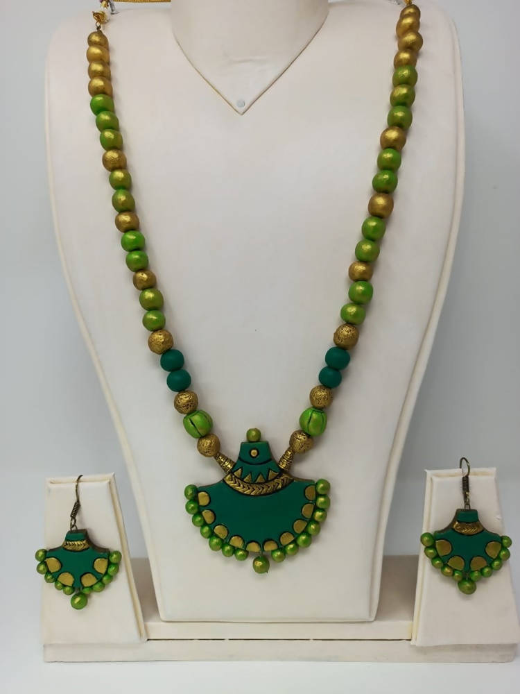 Terracotta Green Long Necklace Set with Matching Earrings | Grab2Buy