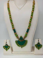 Terracotta Green Long Necklace Set with Matching Earrings | Grab2Buy