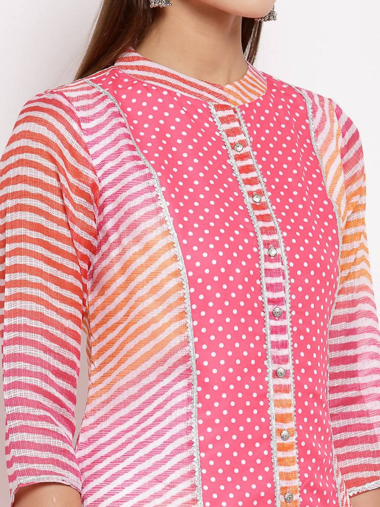 Myshka Women's Pink Cotton Printed 3/4 Sleeve Round Neck Casual Kurta | Grab2Buy