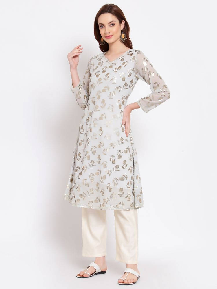 Myshka Women's Grey Printed Georgette 3/4 Sleeve Round Neck Casual Kurta | Grab2Buy