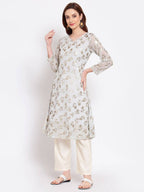 Myshka Women's Grey Printed Georgette 3/4 Sleeve Round Neck Casual Kurta | Grab2Buy
