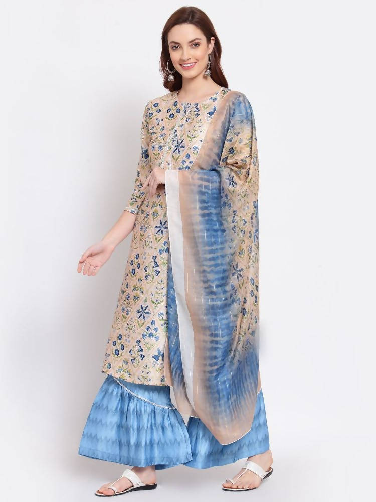 Myshka Women's Multi Color Printed Cotton Blend 3/4 Sleeve Round Neck Casual Kurta Palazzo Dupatta Set | Grab2Buy
