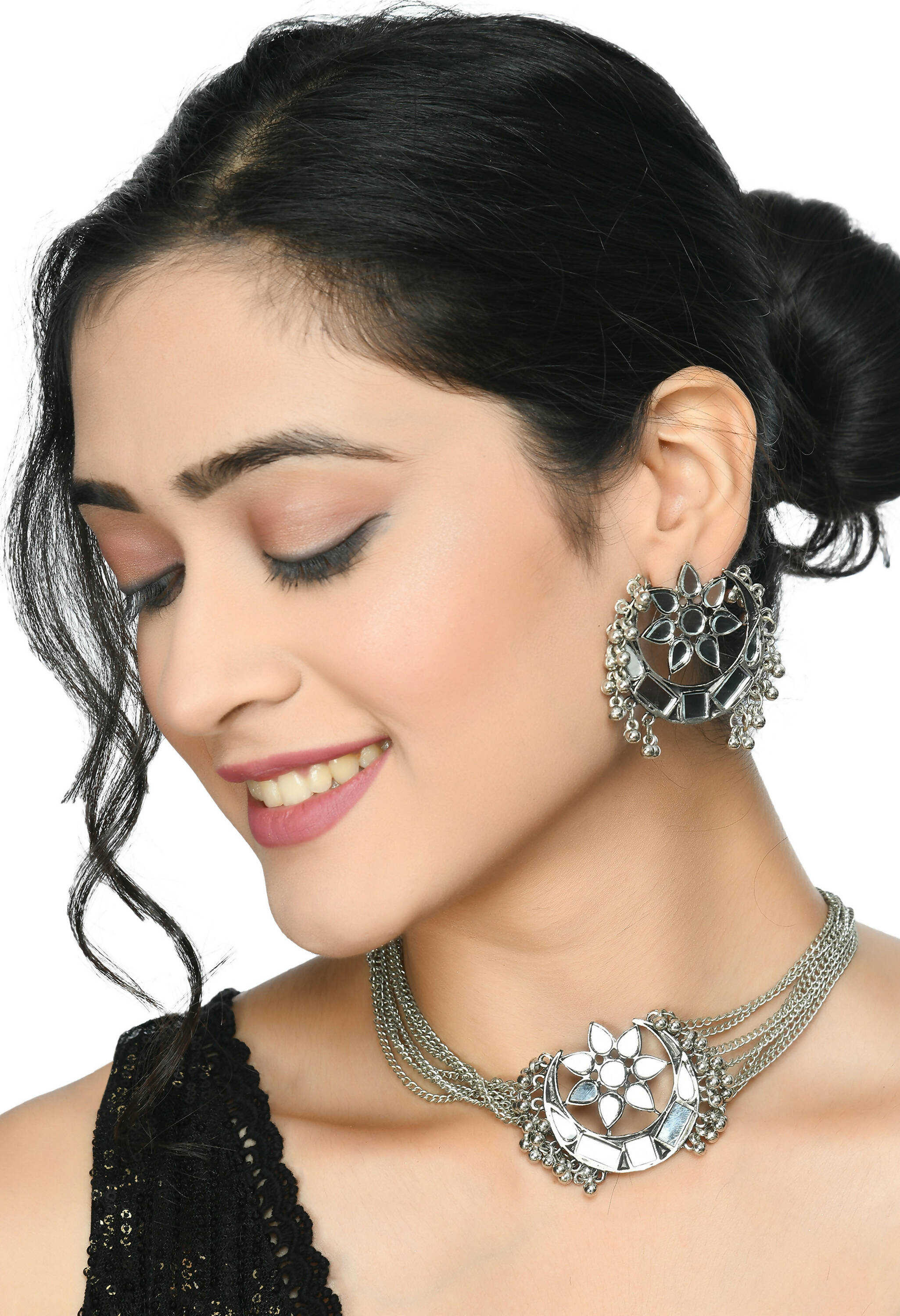 Mominos Fashion Johar Kamal Silver-Plated Brass Finish Mirror Work Choker For Women | Grab2Buy