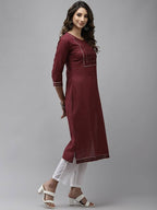 Yufta Women Maroon Yoke Design Mirror Work Cotton Kurta | Grab2Buy