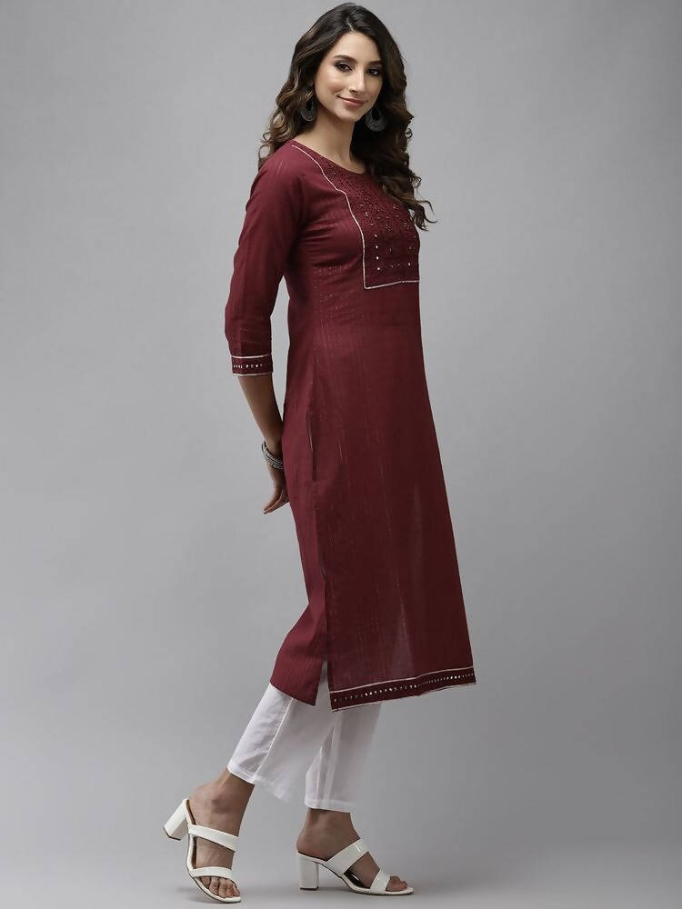 Yufta Women Maroon Yoke Design Mirror Work Cotton Kurta | Grab2Buy