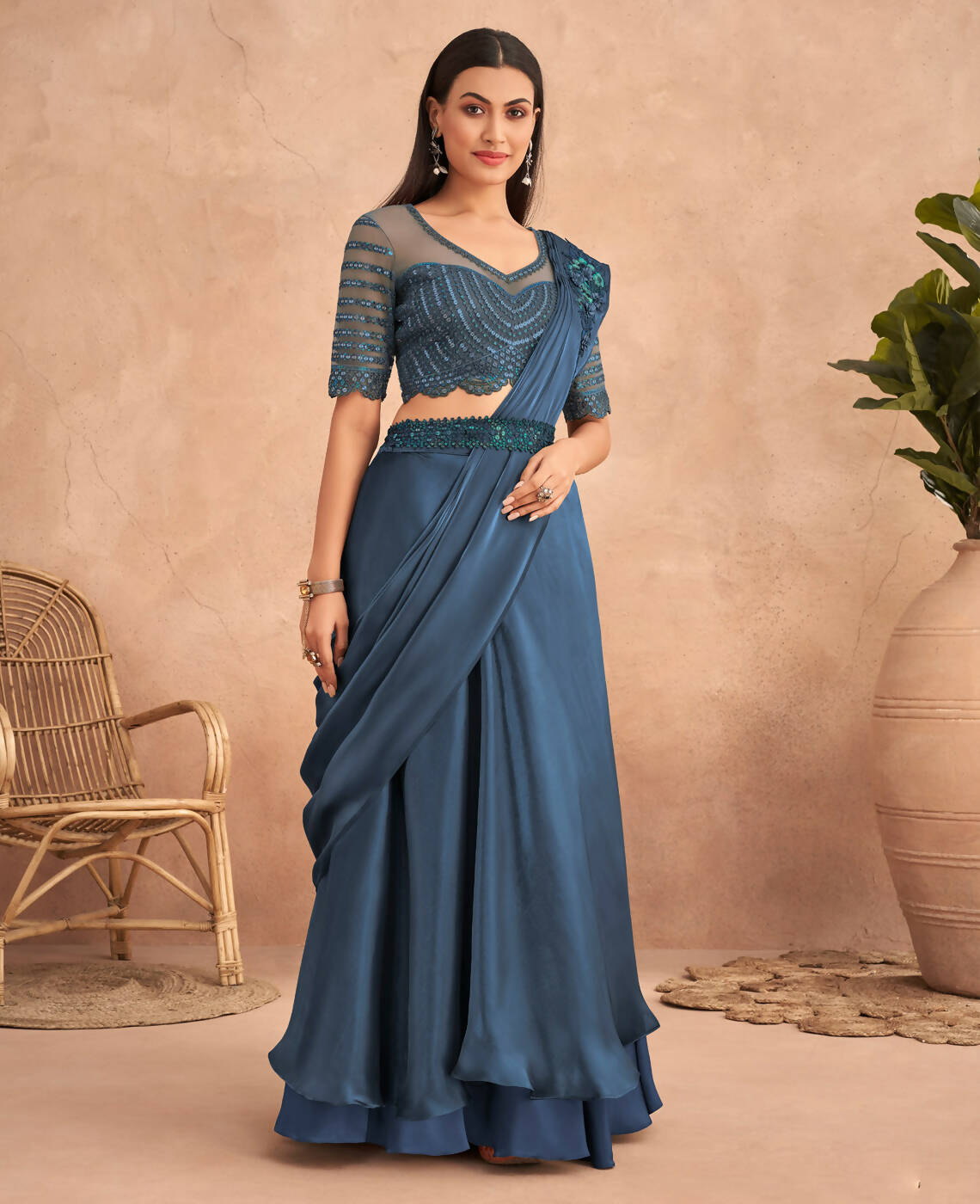 Navy Blue Satin Embroidered Ready To Wear Saree With Unstitched Blouse Piece - Nandika | Grab2Buy