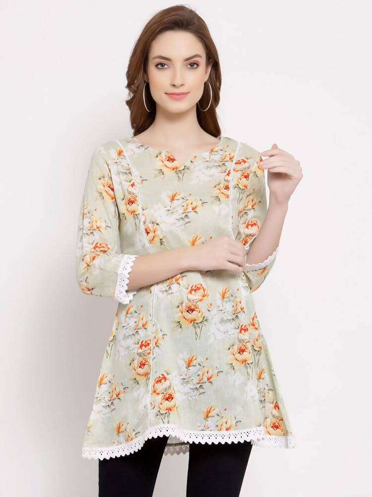 Myshka Women's Off White Cotton 3/4 Sleeve Round Neck Printed Casual Tunic | Grab2Buy
