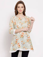 Myshka Women's Off White Cotton 3/4 Sleeve Round Neck Printed Casual Tunic | Grab2Buy