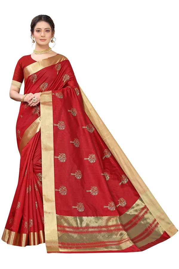 Vamika Red Cotton Polyster Silk Weaving Saree (Kerala Forest) | Grab2Buy