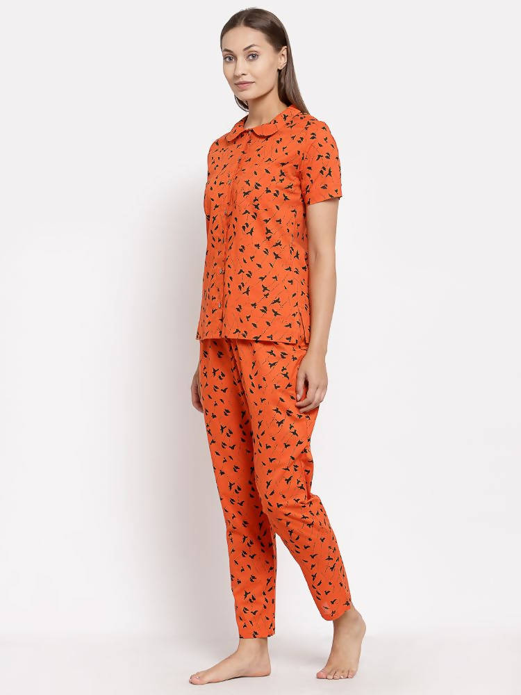 Myshka Women's Brown Cotton Printed Half Sleeve Collar Neck Casual Night suit | Grab2Buy