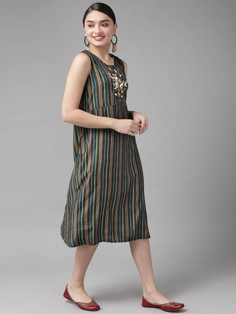 Yufta Teal Green & Coffee Brown Striped Yoke Embroidered Midi A-Line Dress & Ethnic Jacket | Grab2Buy
