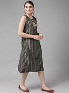 Yufta Teal Green & Coffee Brown Striped Yoke Embroidered Midi A-Line Dress & Ethnic Jacket | Grab2Buy