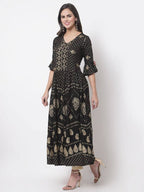 Myshka Women's Black Rayon Printed 3/4 Sleeve V Neck Casual Dress | Grab2Buy