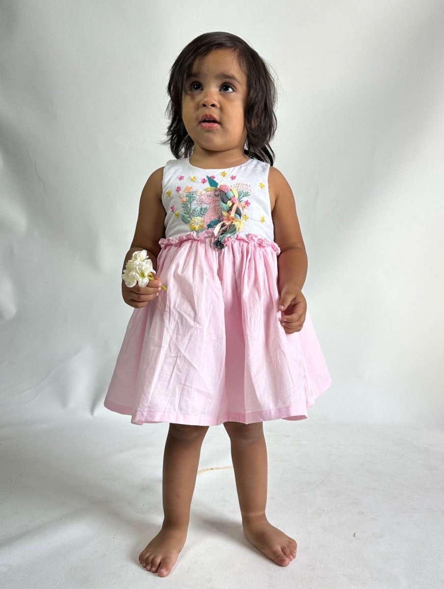 ArthLife White And Pink Unicorn Embroidered Dress | Grab2Buy