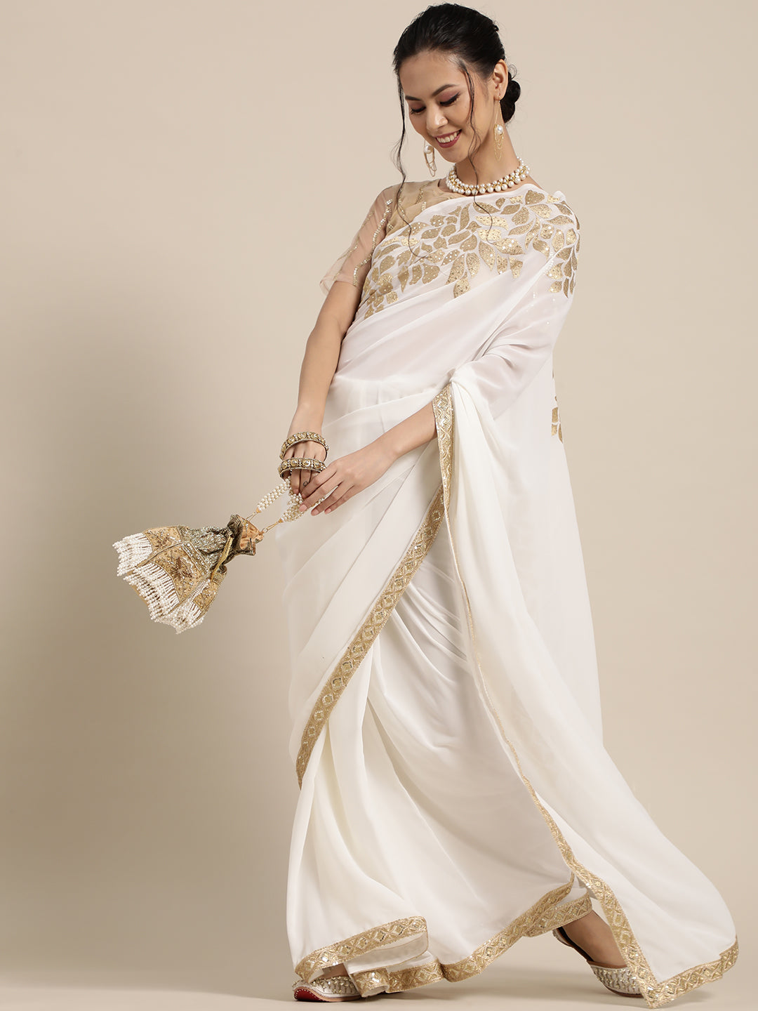 Saree Mall White & Golden Floral Muga Saree | Grab2Buy