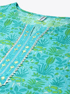 Yufta Green & White Ethnic Motifs Printed Mirror Work Kurta with Palazzo & Dupatta | Grab2Buy