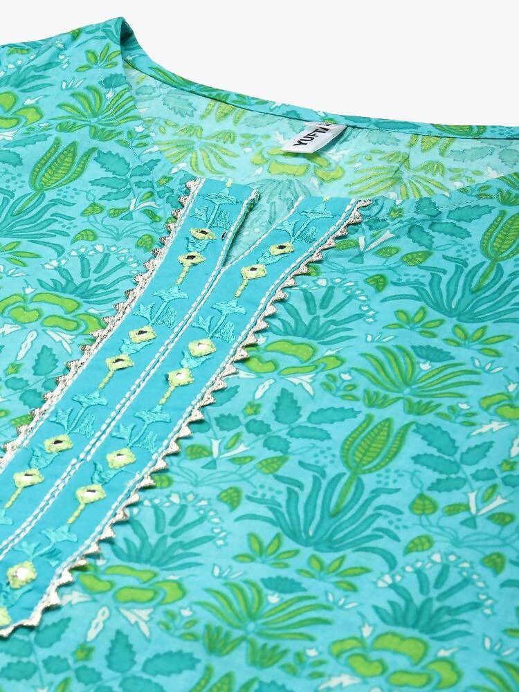 Yufta Green & White Ethnic Motifs Printed Mirror Work Kurta with Palazzo & Dupatta | Grab2Buy