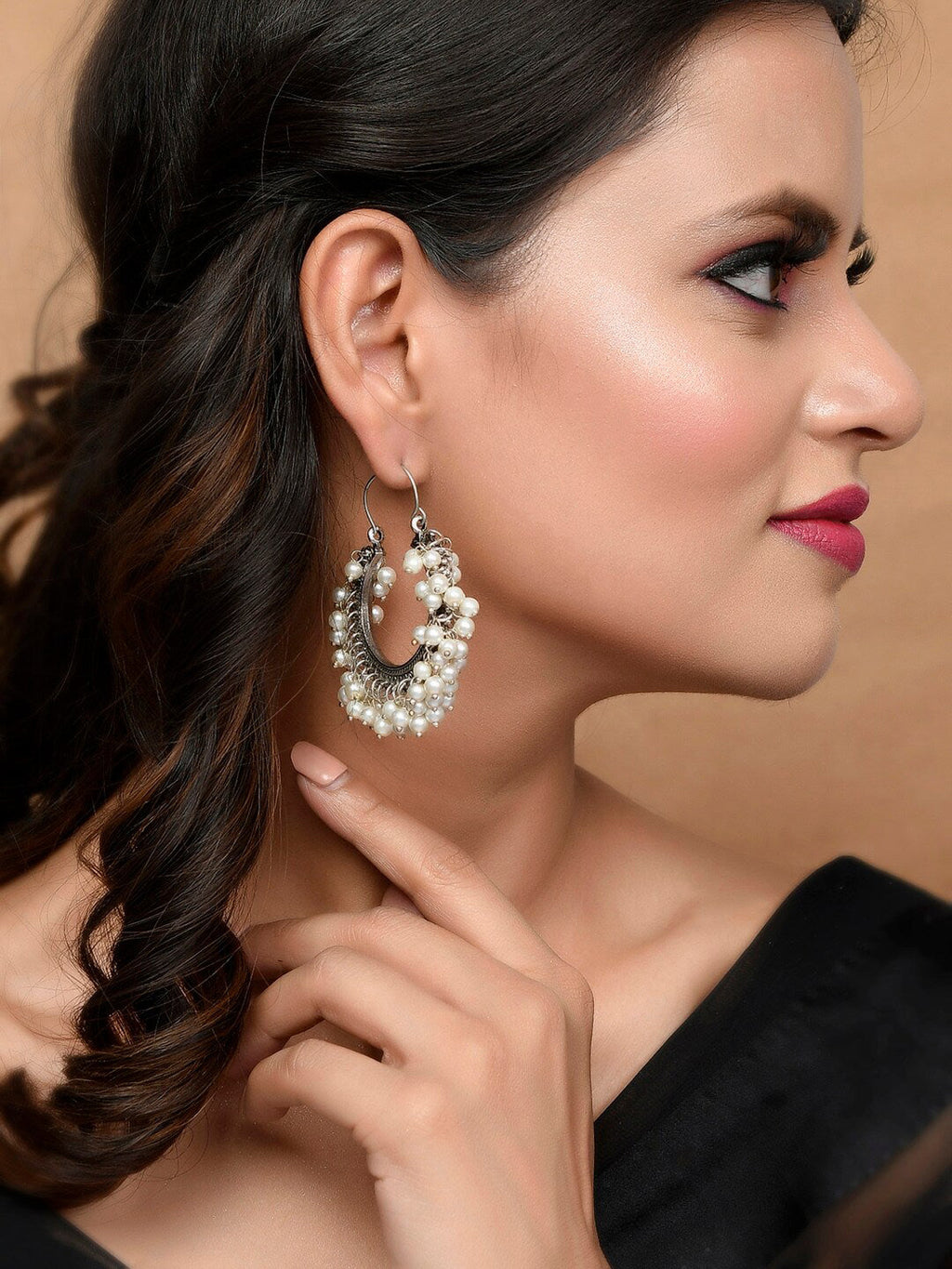 Shoshaa Silver-Toned & White Contemporary Hoop Earrings | Grab2Buy