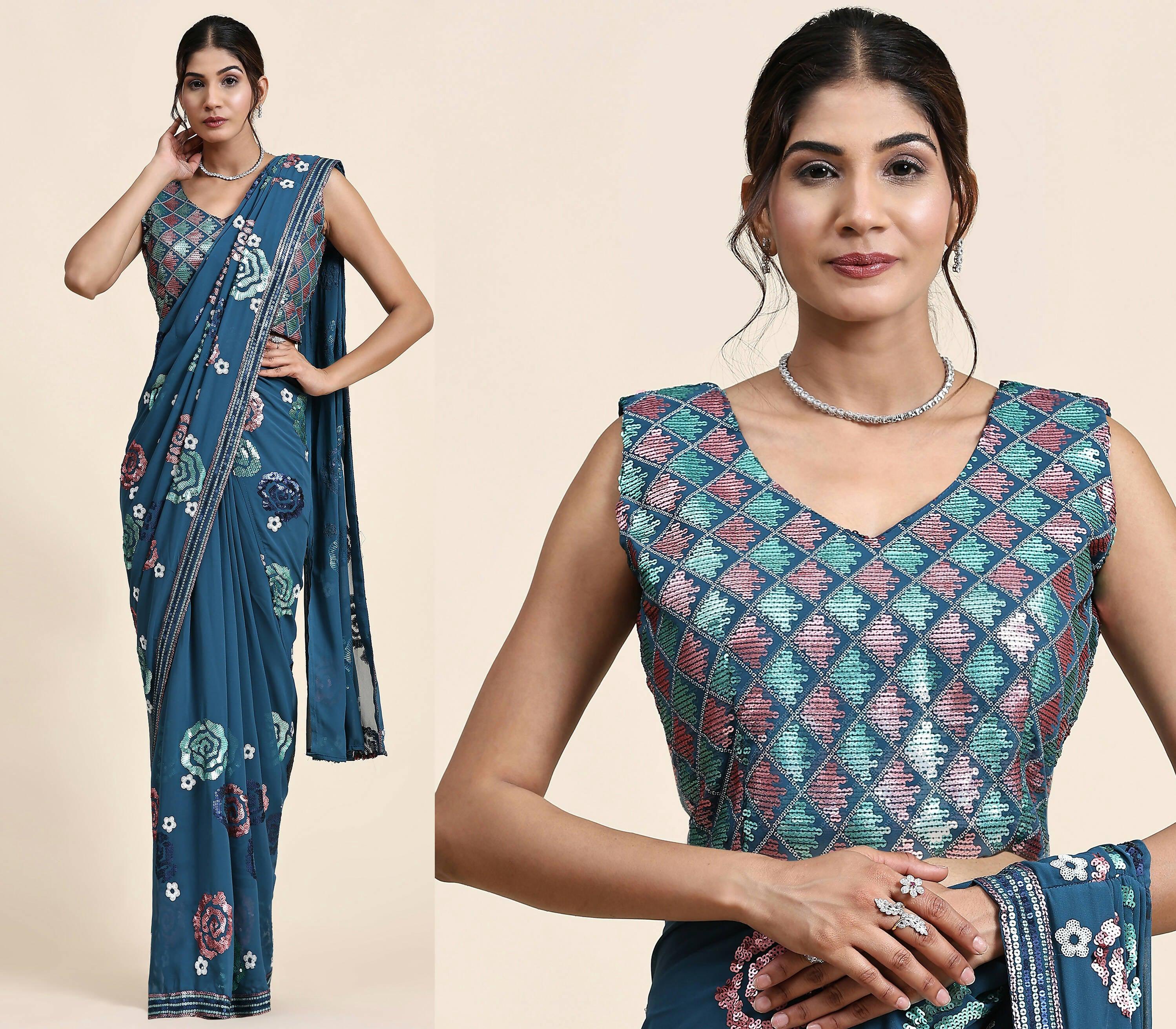 Blue Pure Georgette Sequence work Ready to wear Saree with stitched Blouse - Nirvana | Grab2Buy