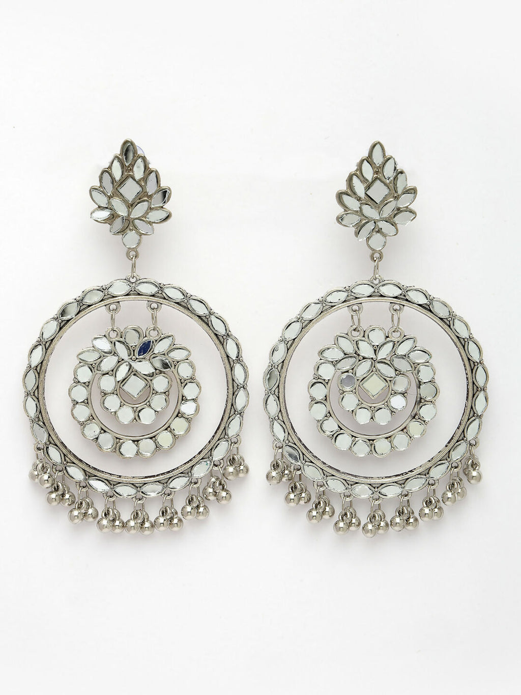 NVR Women's Silver-Toned Mirror Work Oxidised Contemporary Drop Earrings | Grab2Buy