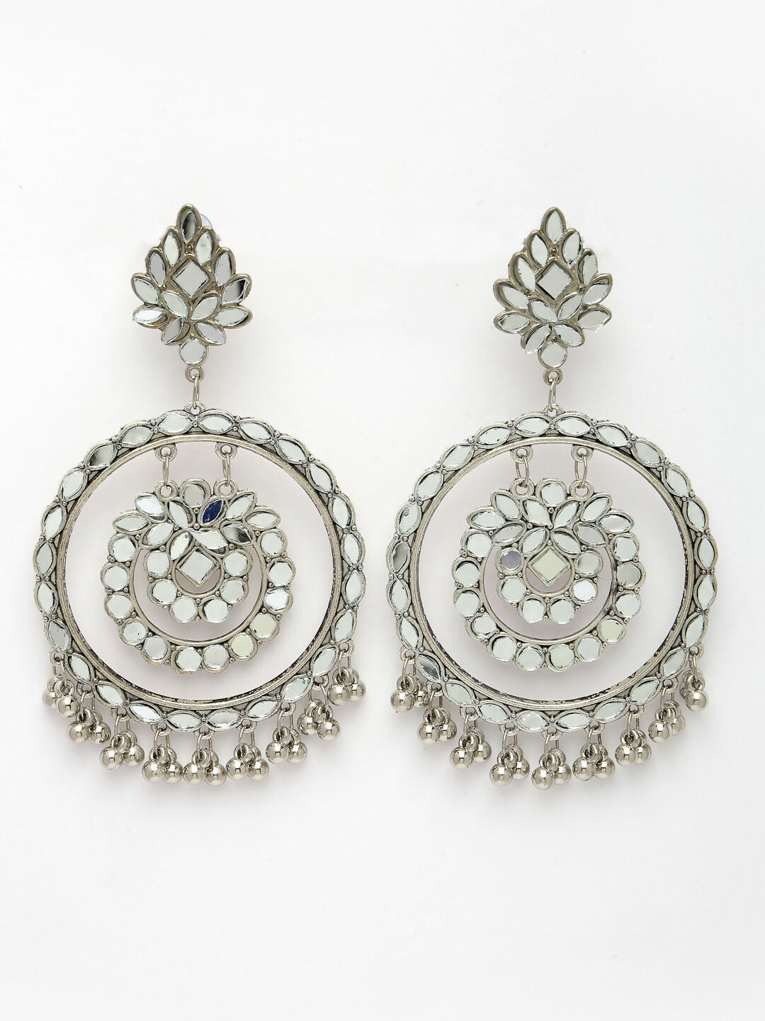 NVR Women's Silver-Toned Mirror Work Oxidised Contemporary Drop Earrings | Grab2Buy