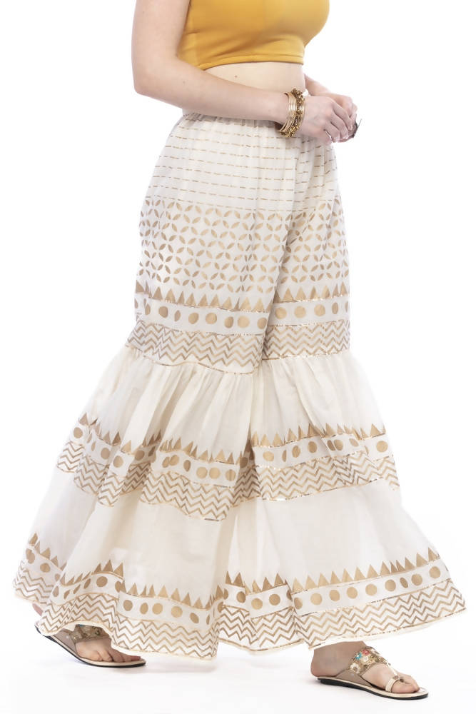 Mominos Fashion Cotton Off White Gold Print With Gota Sharara | Grab2Buy