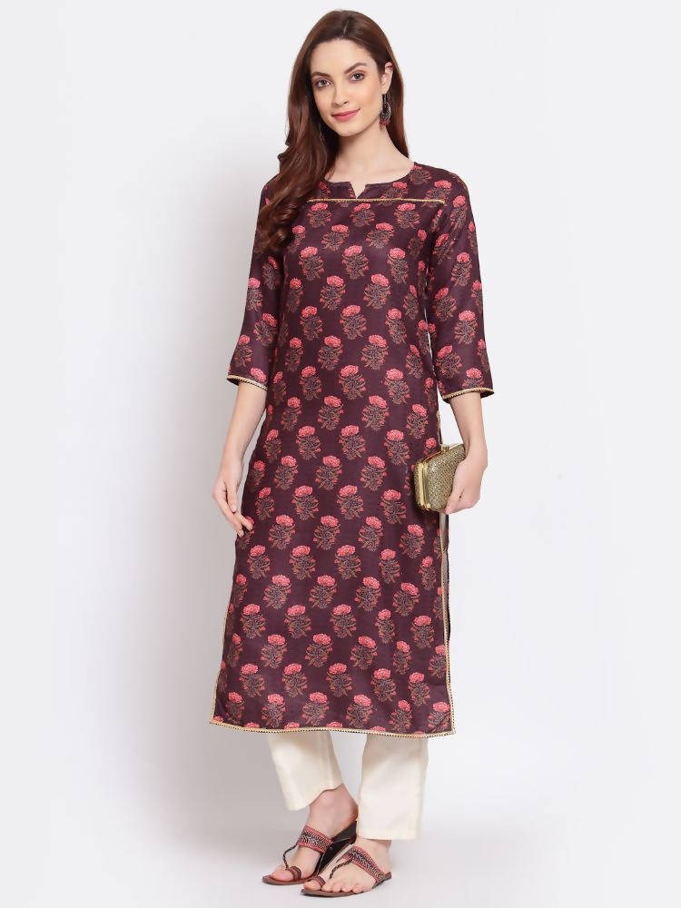 Myshka Women's Wine Printed Pashmeena 3/4 Sleeve Round Neck Casual Winter Kurta | Grab2Buy