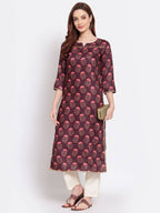 Myshka Women's Wine Printed Pashmeena 3/4 Sleeve Round Neck Casual Winter Kurta | Grab2Buy