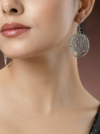 NVR Women's Silver-Toned Circular Shape German Silver Oxidised Drop Earrings | Grab2Buy