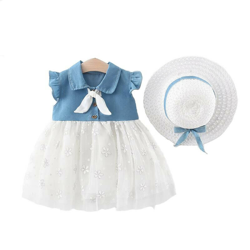 Bold N Elegant Cap Sleeve Denim Embroidered Midi Party Dress Frock with Hat Dress - Floral White | Grab2Buy