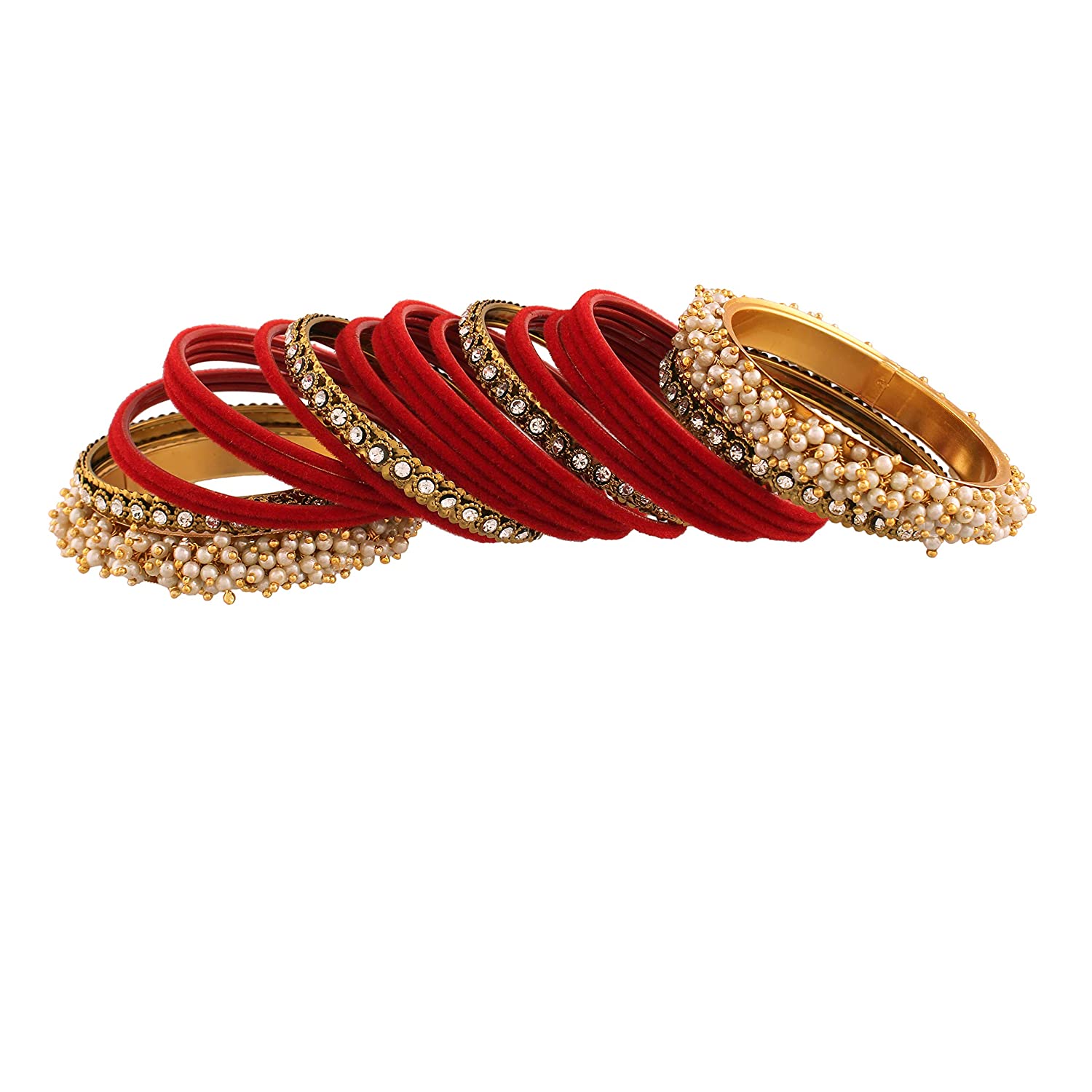 Gold-Polished Alloy Red Velvet Bangle Set With Pearl Bangle - The Pari | Grab2Buy