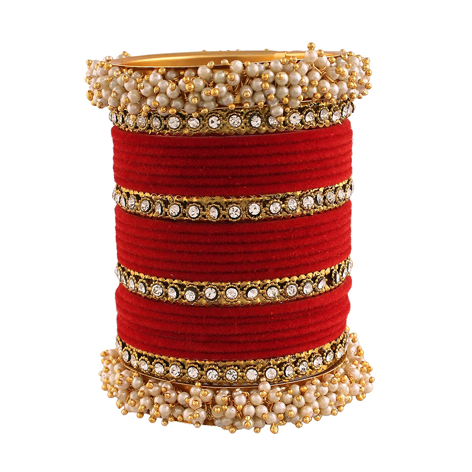Gold-Polished Alloy Red Velvet Bangle Set With Pearl Bangle - The Pari | Grab2Buy