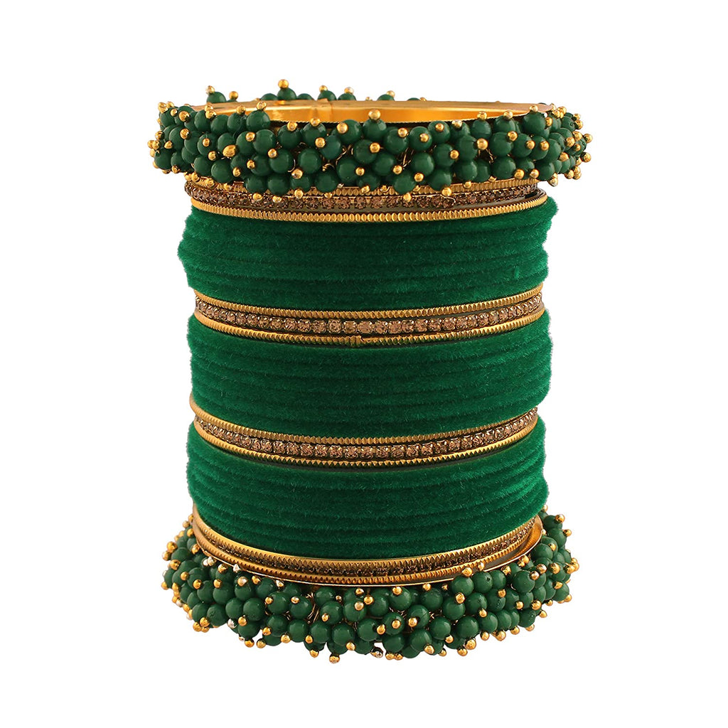 Gold-Polished Alloy Designer Green Velvet Bangle Set - The Pari | Grab2Buy