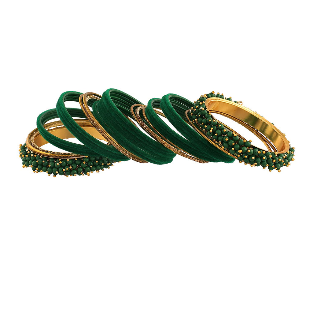 Gold-Polished Alloy Designer Green Velvet Bangle Set - The Pari | Grab2Buy