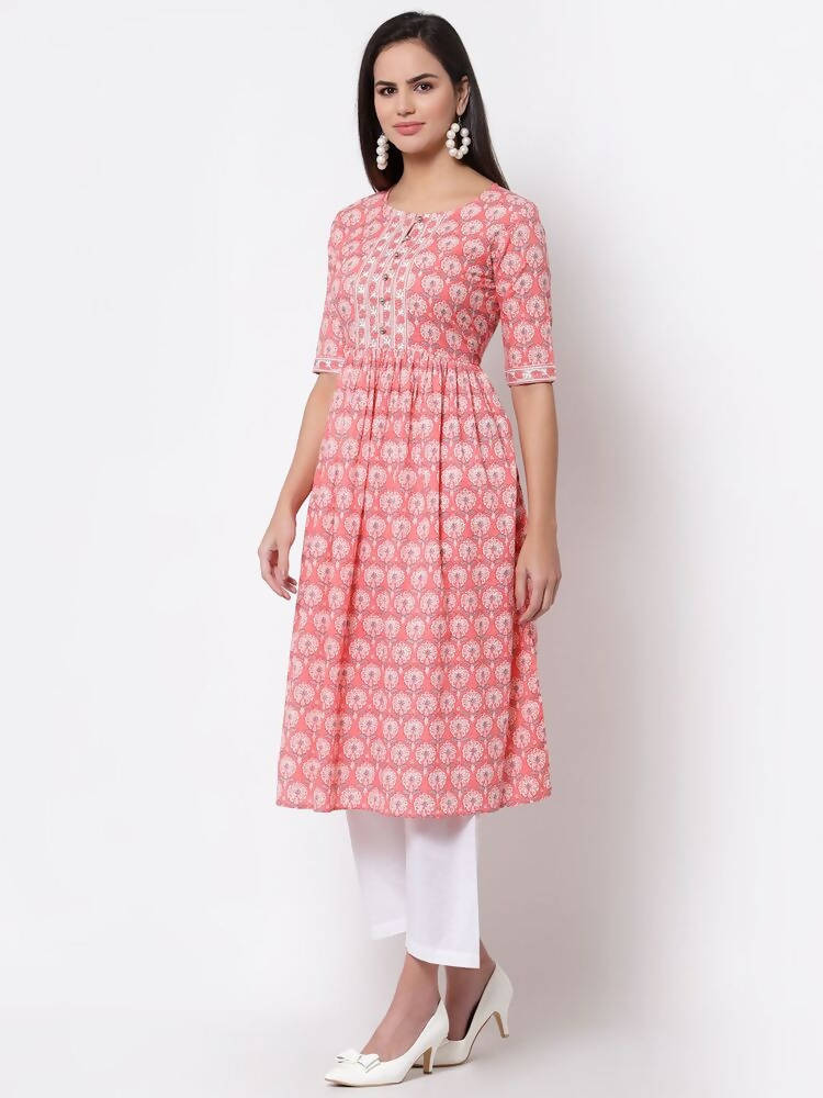 Myshka Women's Pink Printed 3/4 Sleeve Cotton Round Neck Dress | Grab2Buy