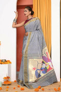 Very Much Indian Handloom Grey Cotton Paithani With Radha Krishna Pallu | Grab2Buy