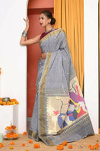 Very Much Indian Handloom Grey Cotton Paithani With Radha Krishna Pallu | Grab2Buy