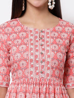 Myshka Women's Pink Printed 3/4 Sleeve Cotton Round Neck Dress | Grab2Buy