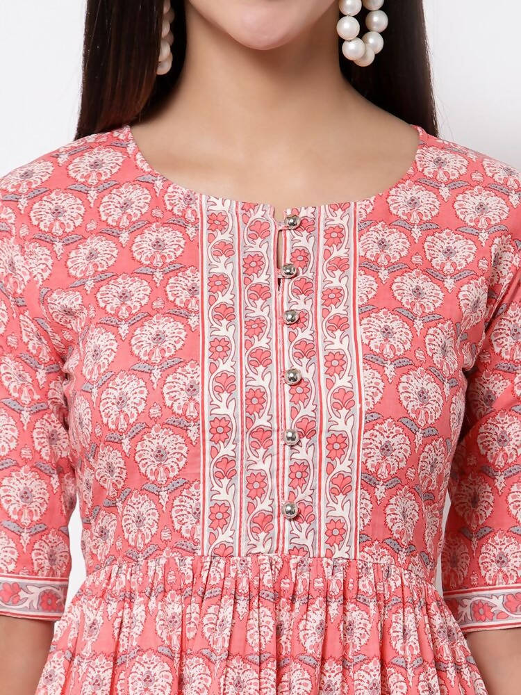 Myshka Women's Pink Printed 3/4 Sleeve Cotton Round Neck Dress | Grab2Buy
