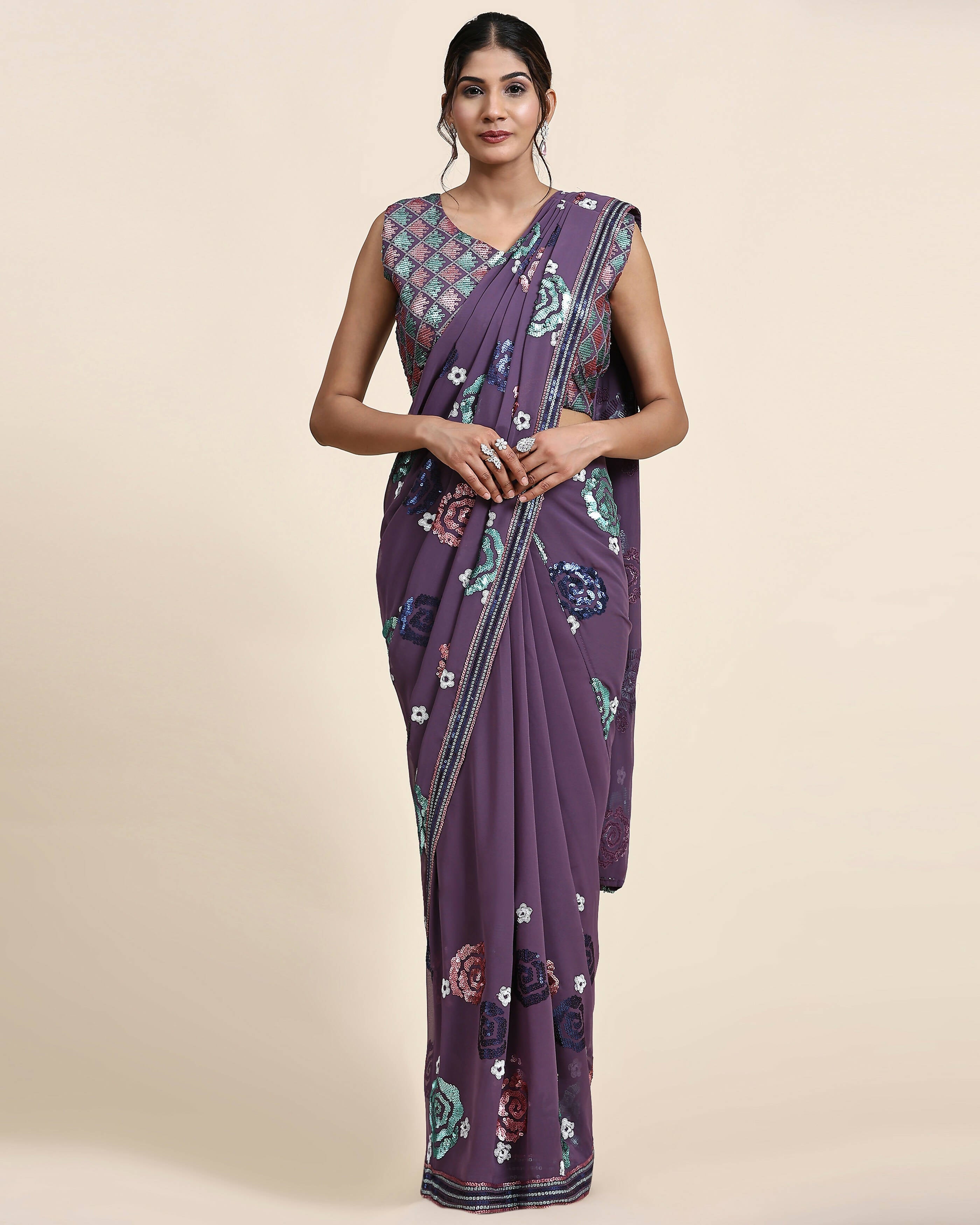 Purple Pure Georgette Sequence work Ready to wear Saree with stitched Blouse - Nirvana | Grab2Buy