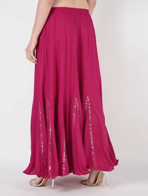 Mominos Fashion Magenta Viscose Rayon Flared Palazzo with Mirror Lace Work | Grab2Buy