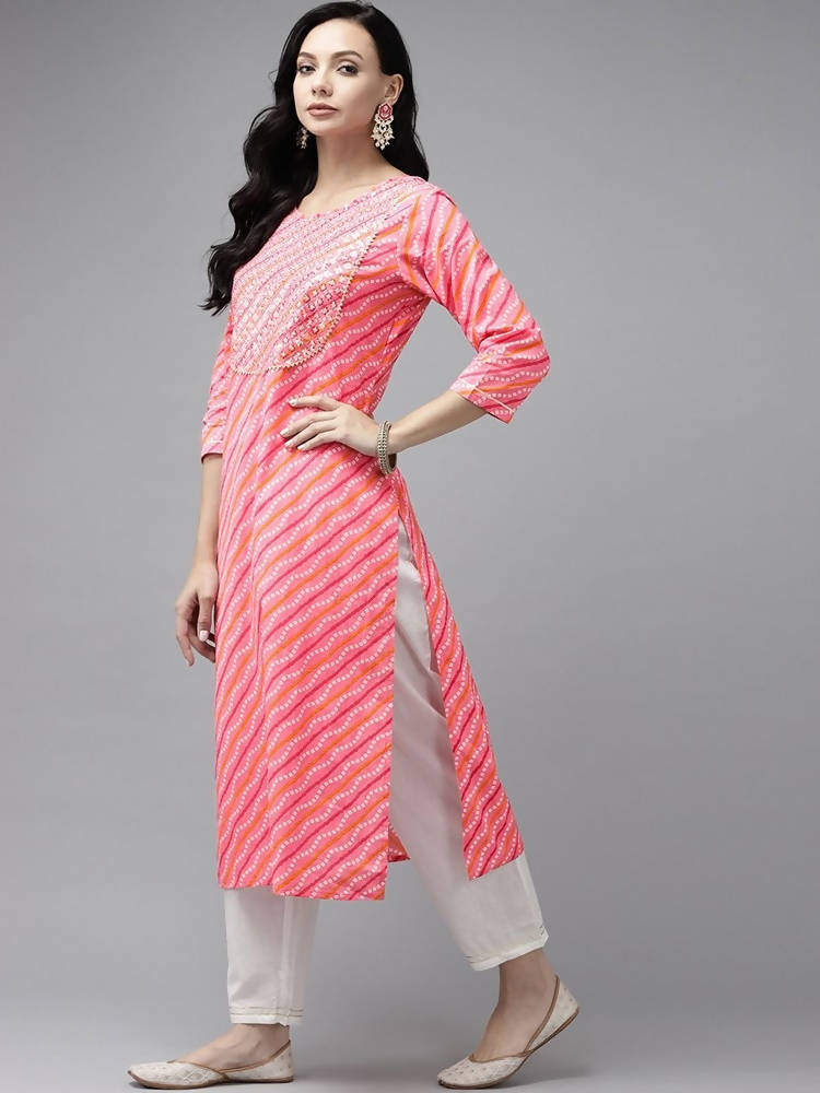 Yufta Women Pink Bandhani Yoke Design Regular Sequined Pure Cotton Kurta with Palazzo | Grab2Buy