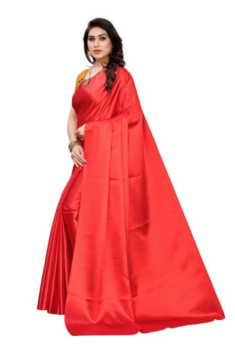 Vamika Plain Red Satin Saree (SATIN GLORY RED) | Grab2Buy